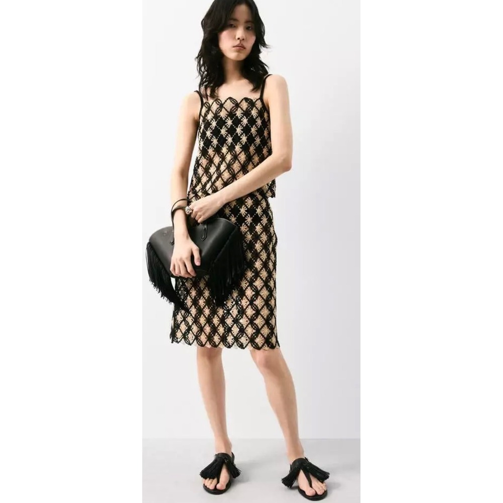 H&M Edition Crochet Look Midi Skirt Black Beige Diamond Open Knit Floral Size L